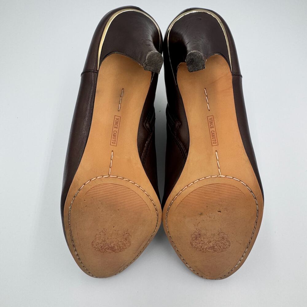 Vince Camuto Vernaya Ankle Booties 10M Espresso Brown Leather Gold Buckle Heels - Picture 14 of 16